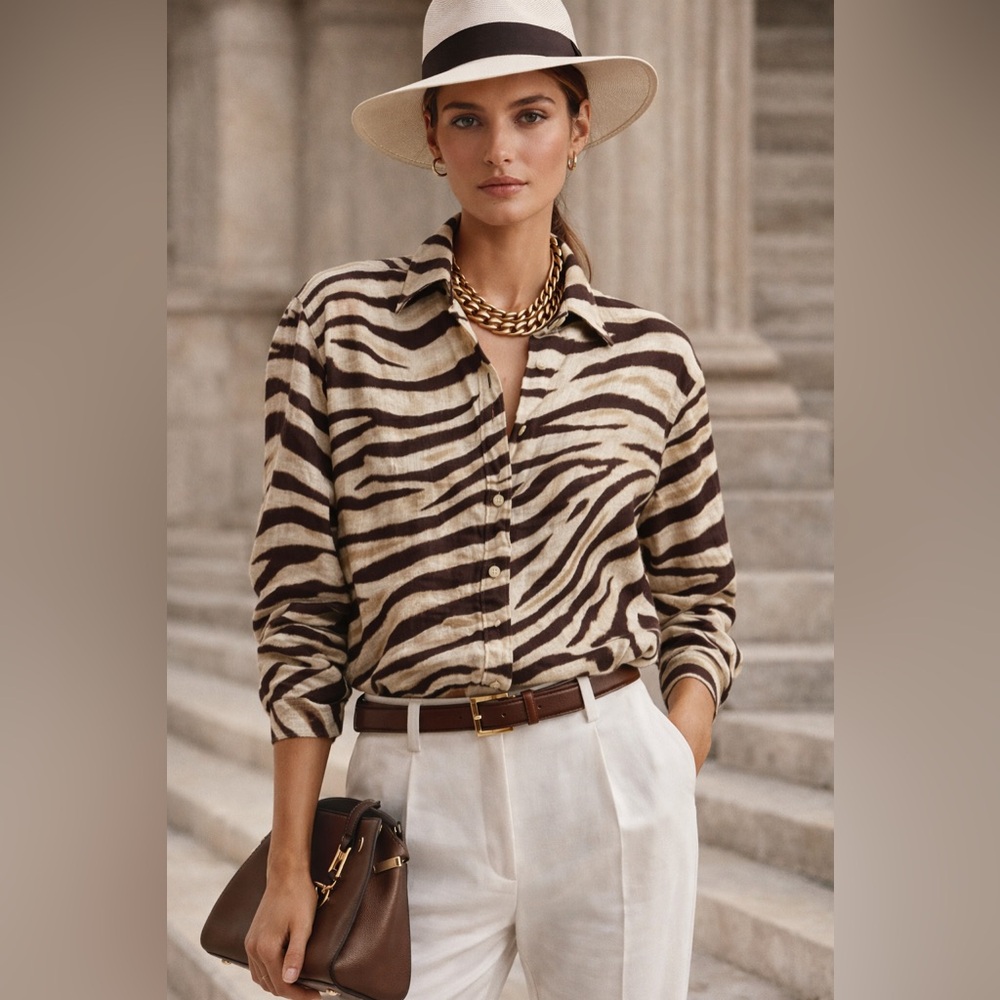 Ralph Lauren Beige and Brown Zebra Stripe Button-Down Shirt